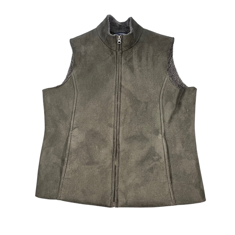 Lands End Gray Faux Suede Sherpa Lined Full Zip Vest Women Medium